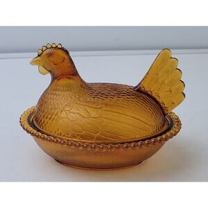 Vintage Indiana Glass Company Amber Glass Hen on Nest Beaded Edge Candy Dish